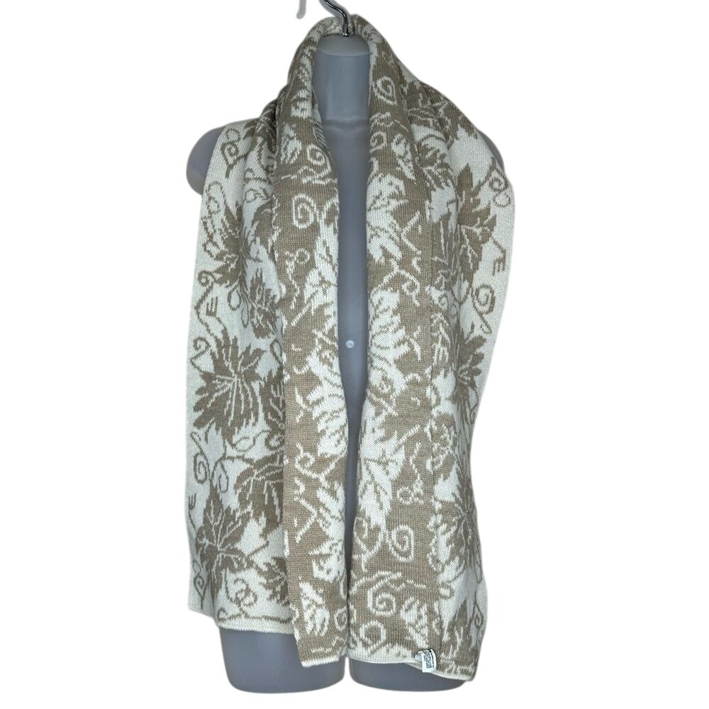 Isotoner Womens Tan Cream Wool Blend Leaf Knit Reversible Scarf Rectangular Wrap